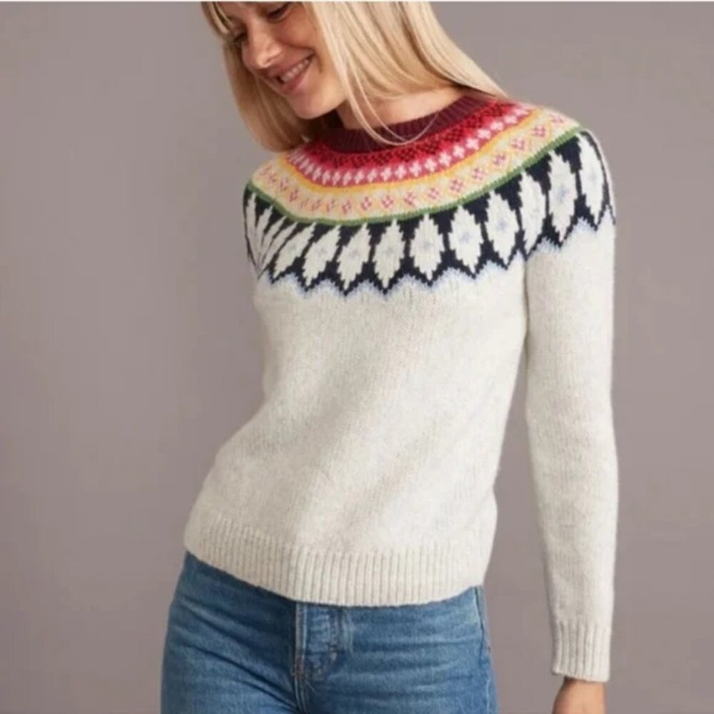 Marine Layer Cream Crewneck Sweater with Multicolor Fair Isle Yoke
